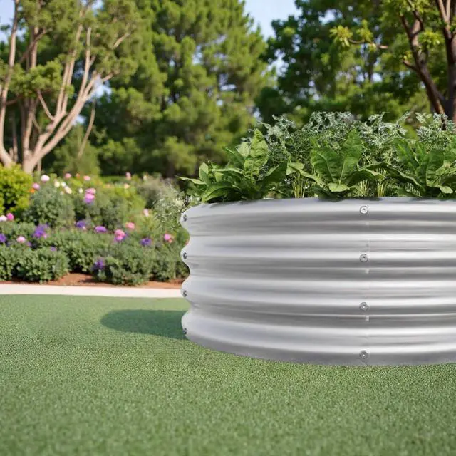 Alt view image 6 of 7 - 2 Pieces Tall Round Raised Garden Bed with Open Bottom for Park, Poolside, Backyard, Outdoor Planter Box with Metal Frame and Anti-Corrosion Construction for Flowers (2PCS Silver)
