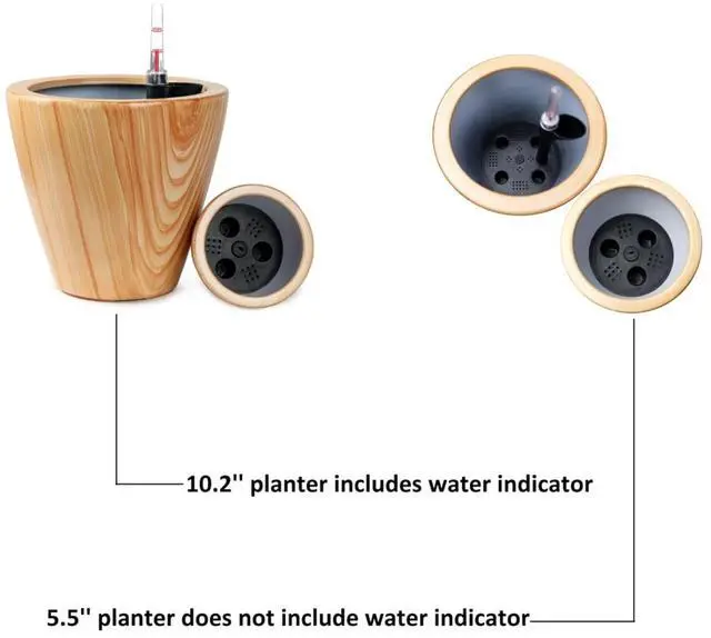 Alt view image 5 of 7 - 2 Pieces Plastic Plant Pots with Self-Watering System and Drainage Plug for Backyard, Poolside, Outdoor Planter with Wood Look Finish for Flowers, Herbs, Plants (Light Brown)