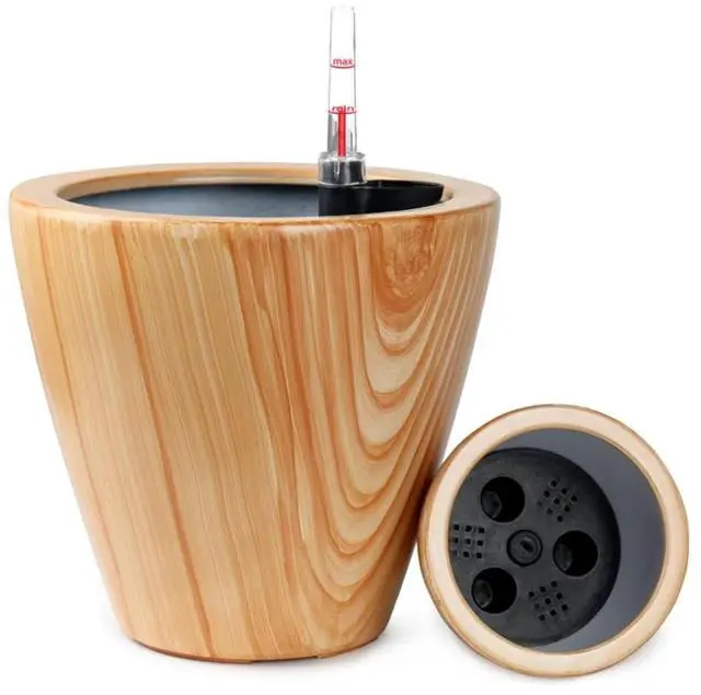 Alt view image 6 of 7 - 2 Pieces Plastic Plant Pots with Self-Watering System and Drainage Plug for Backyard, Poolside, Outdoor Planter with Wood Look Finish for Flowers, Herbs, Plants (Light Brown)