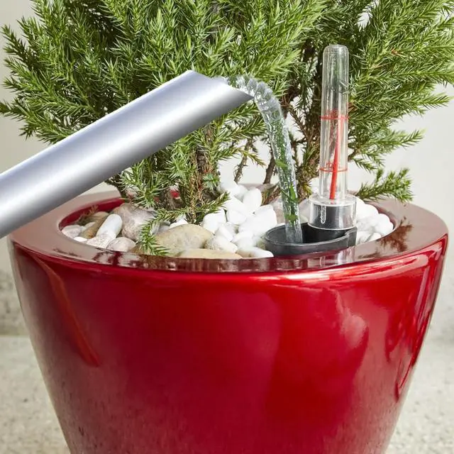 Alt view image 3 of 6 - 2 Pieces Plastic Planter Set with Self-Watering System and Wood-Like Look for Backyard, Living Room, Outdoor Flower Pots with Drainage Hole and Stopper for Growing Flowers (Red)