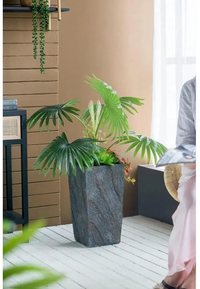 Alt view image 6 of 7 - Antique Cement Planter with Rustic Style for Backyard, Living Room, Balcony, Outdoor Flower Pot with Uneven Surface and Stone-Like Look for Growing Flowers, Plants (Style 1)