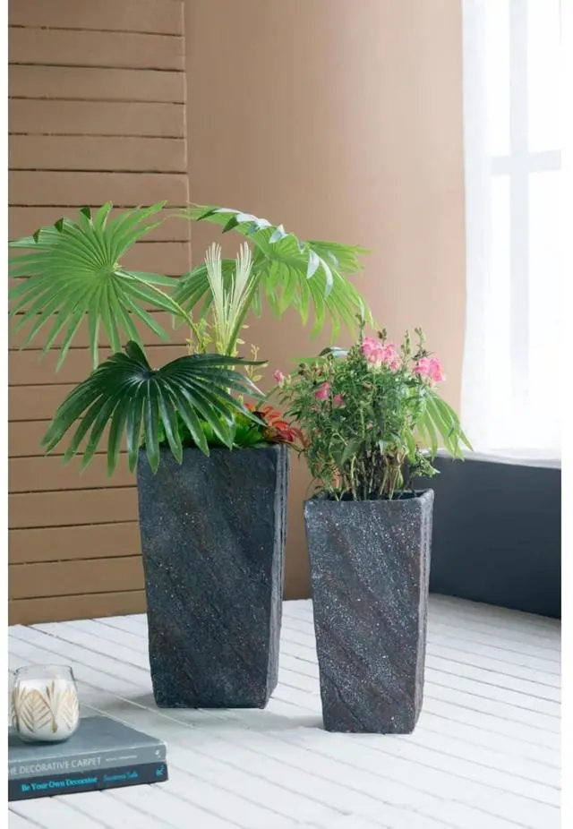 Alt view image 7 of 7 - Antique Cement Planter with Rustic Style for Backyard, Living Room, Balcony, Outdoor Flower Pot with Uneven Surface and Stone-Like Look for Growing Flowers, Plants (Style 1)