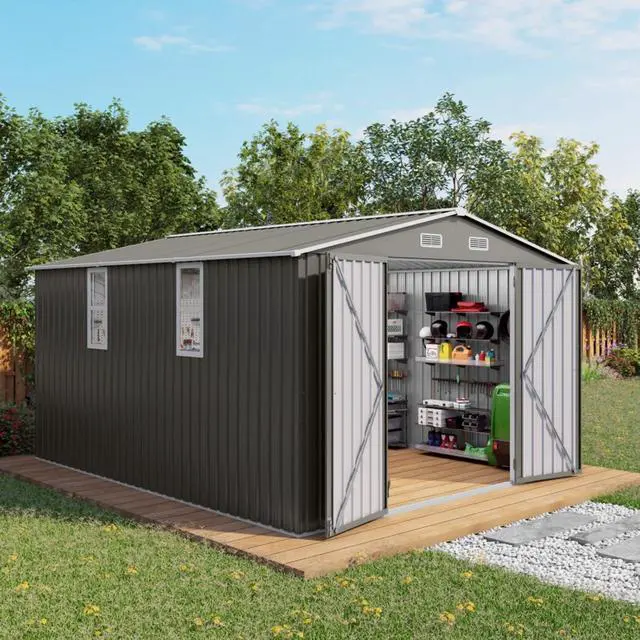 Alt view image 2 of 7 - Outdoor Storage Shed with Windows and Metal Frame for Poolside, Backyard, Lawn, Shed Tool House with Sloping Roof and 2 Vents & 1 Side Open Door for Garden, Balcony (10x12FT)
