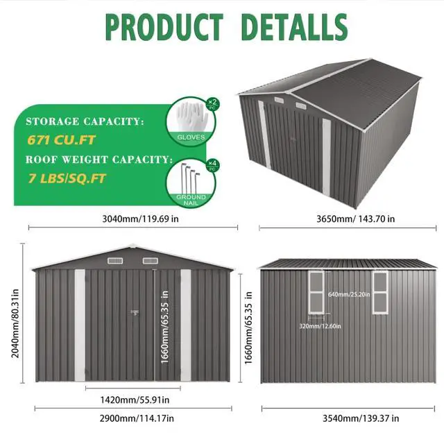 Alt view image 4 of 7 - Outdoor Storage Shed with Windows and Metal Frame for Poolside, Backyard, Lawn, Shed Tool House with Sloping Roof and 2 Vents & 1 Side Open Door for Garden, Balcony (10x12FT)