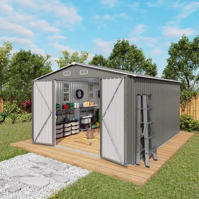 Alt view image 3 of 7 - Outdoor Storage Shed with Windows and Metal Frame for Poolside, Backyard, Lawn, Shed Tool House with Sloping Roof and 2 Vents & 1 Side Open Door for Garden, Balcony (10x12FT)