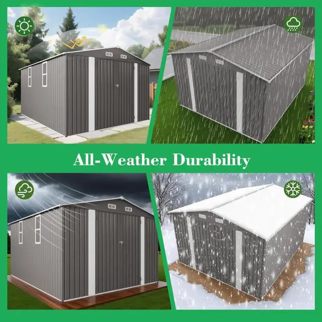 Alt view image 5 of 7 - Outdoor Storage Shed with Windows and Metal Frame for Poolside, Backyard, Lawn, Shed Tool House with Sloping Roof and 2 Vents & 1 Side Open Door for Garden, Balcony (10x12FT)