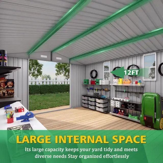 Alt view image 6 of 7 - Outdoor Storage Shed with Windows and Metal Frame for Poolside, Backyard, Lawn, Shed Tool House with Sloping Roof and 2 Vents & 1 Side Open Door for Garden, Balcony (10x12FT)