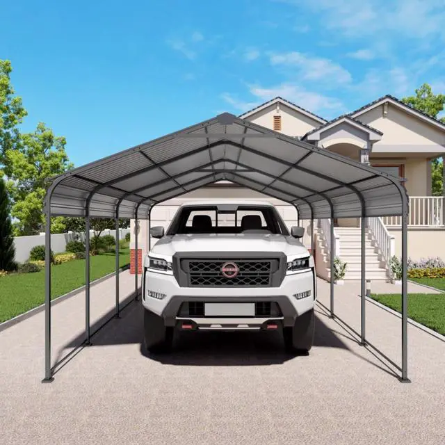 Main image of Outdoor Storage Shed with Windows and Metal Frame for Poolside, Backyard, Lawn, Shed Tool House with Sloping Roof and 2 Vents & 1 Side Open Door for Garden, Balcony (12x20FT Carport)