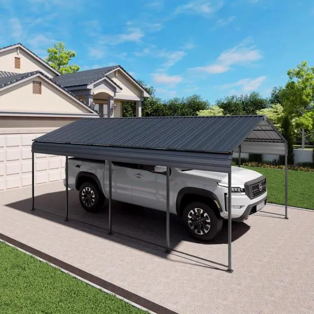 Alt view image 2 of 7 - Outdoor Storage Shed with Windows and Metal Frame for Poolside, Backyard, Lawn, Shed Tool House with Sloping Roof and 2 Vents & 1 Side Open Door for Garden, Balcony (12x20FT Carport)