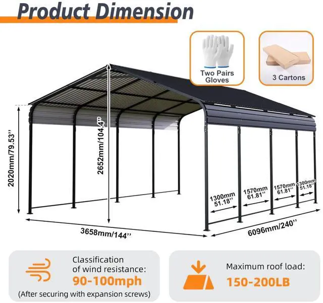 Alt view image 7 of 7 - Outdoor Storage Shed with Windows and Metal Frame for Poolside, Backyard, Lawn, Shed Tool House with Sloping Roof and 2 Vents & 1 Side Open Door for Garden, Balcony (12x20FT Carport)