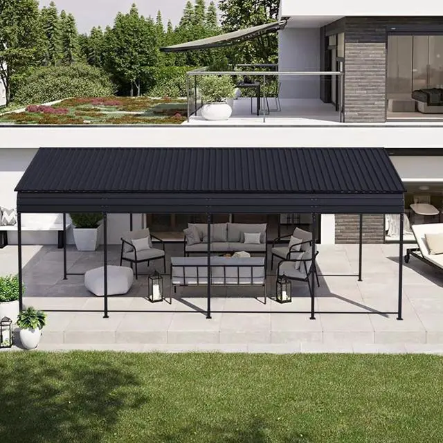 Alt view image 6 of 7 - Outdoor Storage Shed with Windows and Metal Frame for Poolside, Backyard, Lawn, Shed Tool House with Sloping Roof and 2 Vents & 1 Side Open Door for Garden, Balcony (12x20FT Carport)