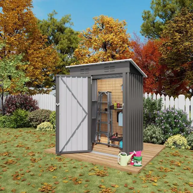 Alt view image 2 of 7 - Outdoor Storage Shed with Windows and Metal Frame for Poolside, Backyard, Lawn, Shed Tool House with Sloping Roof and 2 Vents & 1 Side Open Door for Garden, Balcony (5x3FT+Pitched roof)
