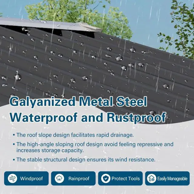 Alt view image 4 of 7 - Outdoor Storage Shed with Windows and Metal Frame for Poolside, Backyard, Lawn, Shed Tool House with Sloping Roof and 2 Vents & 1 Side Open Door for Garden, Balcony (5x3FT+Pitched roof)