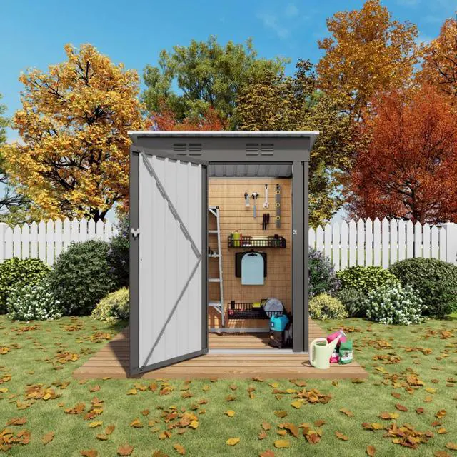 Alt view image 3 of 7 - Outdoor Storage Shed with Windows and Metal Frame for Poolside, Backyard, Lawn, Shed Tool House with Sloping Roof and 2 Vents & 1 Side Open Door for Garden, Balcony (5x3FT+Pitched roof)