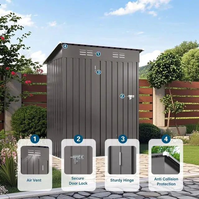Alt view image 5 of 7 - Outdoor Storage Shed with Windows and Metal Frame for Poolside, Backyard, Lawn, Shed Tool House with Sloping Roof and 2 Vents & 1 Side Open Door for Garden, Balcony (5x3FT+Pitched roof)