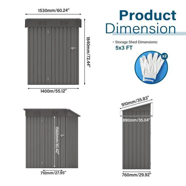 Alt view image 7 of 7 - Outdoor Storage Shed with Windows and Metal Frame for Poolside, Backyard, Lawn, Shed Tool House with Sloping Roof and 2 Vents & 1 Side Open Door for Garden, Balcony (5x3FT+Pitched roof)