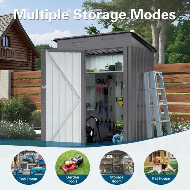 Alt view image 6 of 7 - Outdoor Storage Shed with Windows and Metal Frame for Poolside, Backyard, Lawn, Shed Tool House with Sloping Roof and 2 Vents & 1 Side Open Door for Garden, Balcony (5x3FT+Pitched roof)