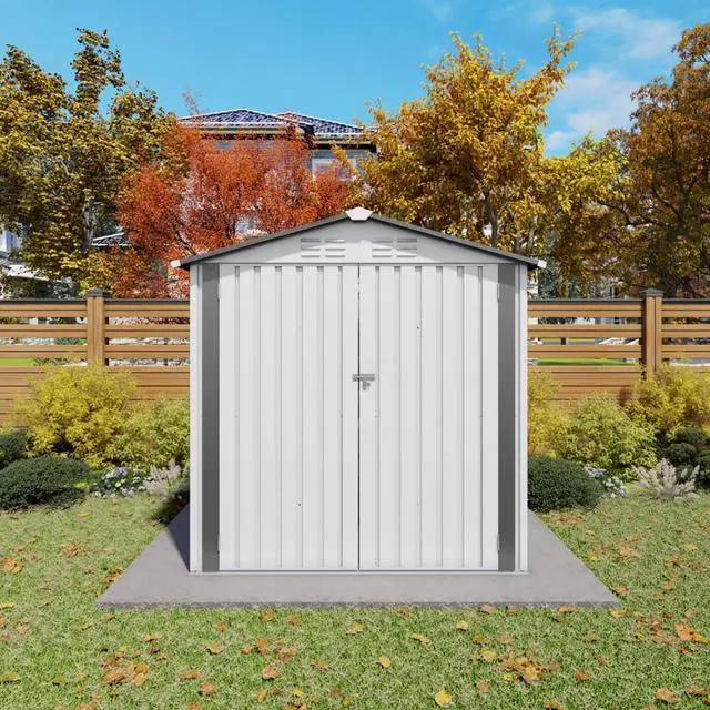 Alt view image 3 of 7 - Outdoor Storage Shed with Windows and Metal Frame for Poolside, Backyard, Lawn, Shed Tool House with Sloping Roof and 2 Vents & 1 Side Open Door for Garden, Balcony (6x3.6FT+White)