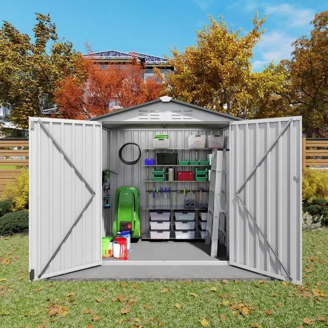 Alt view image 4 of 7 - Outdoor Storage Shed with Windows and Metal Frame for Poolside, Backyard, Lawn, Shed Tool House with Sloping Roof and 2 Vents & 1 Side Open Door for Garden, Balcony (6x3.6FT+White)