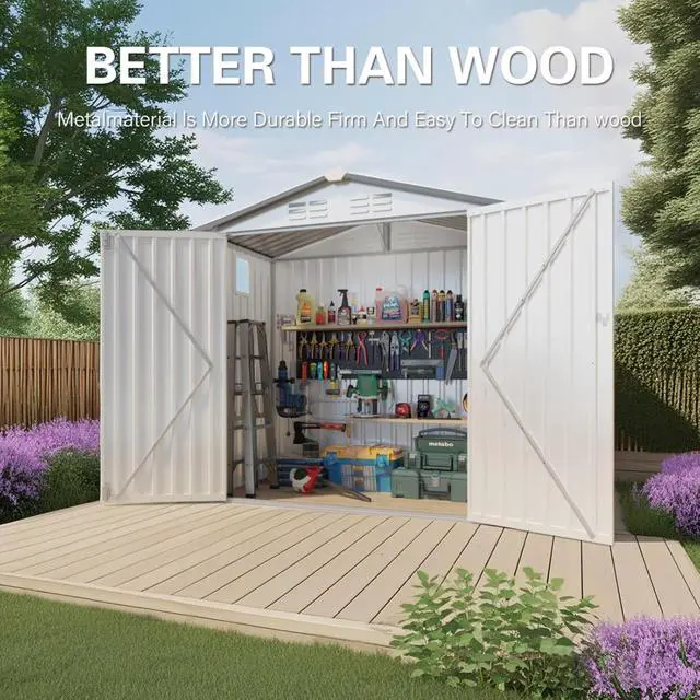 Alt view image 7 of 7 - Outdoor Storage Shed with Windows and Metal Frame for Poolside, Backyard, Lawn, Shed Tool House with Sloping Roof and 2 Vents & 1 Side Open Door for Garden, Balcony (6x3.6FT+White)