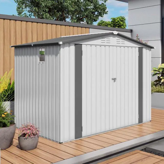 Alt view image 3 of 7 - Outdoor Storage Shed with Windows and Metal Frame for Poolside, Backyard, Lawn, Shed Tool House with Sloping Roof and 2 Vents & 1 Side Open Door for Garden, Balcony (8x6FT)