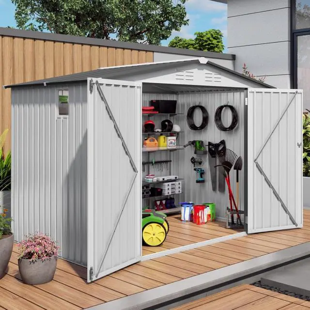 Alt view image 2 of 7 - Outdoor Storage Shed with Windows and Metal Frame for Poolside, Backyard, Lawn, Shed Tool House with Sloping Roof and 2 Vents & 1 Side Open Door for Garden, Balcony (8x6FT)