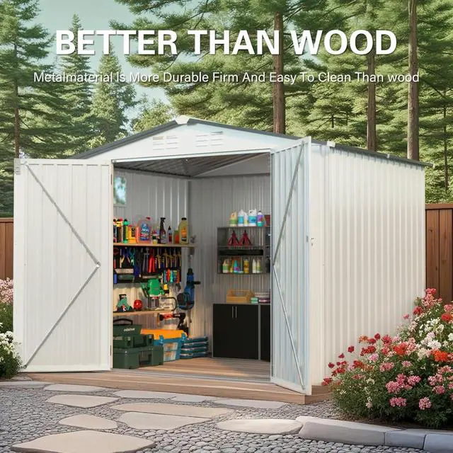 Alt view image 5 of 7 - Outdoor Storage Shed with Windows and Metal Frame for Poolside, Backyard, Lawn, Shed Tool House with Sloping Roof and 2 Vents & 1 Side Open Door for Garden, Balcony (8x6FT)