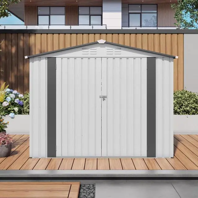 Alt view image 4 of 7 - Outdoor Storage Shed with Windows and Metal Frame for Poolside, Backyard, Lawn, Shed Tool House with Sloping Roof and 2 Vents & 1 Side Open Door for Garden, Balcony (8x6FT)