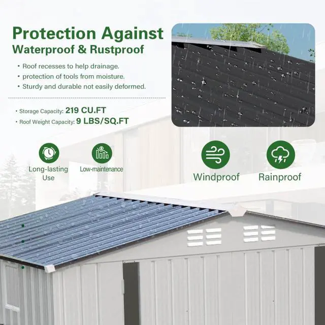 Alt view image 6 of 7 - Outdoor Storage Shed with Windows and Metal Frame for Poolside, Backyard, Lawn, Shed Tool House with Sloping Roof and 2 Vents & 1 Side Open Door for Garden, Balcony (8x6FT)