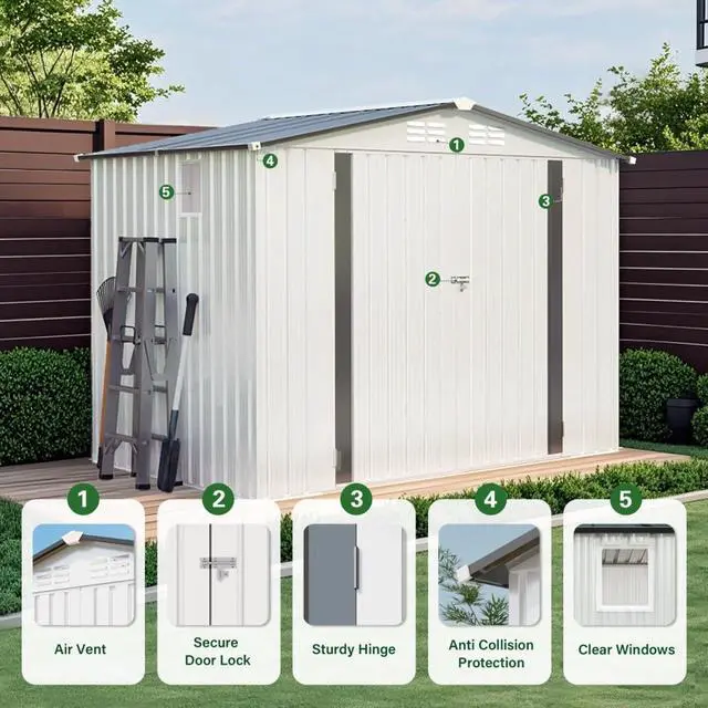 Alt view image 7 of 7 - Outdoor Storage Shed with Windows and Metal Frame for Poolside, Backyard, Lawn, Shed Tool House with Sloping Roof and 2 Vents & 1 Side Open Door for Garden, Balcony (8x6FT)