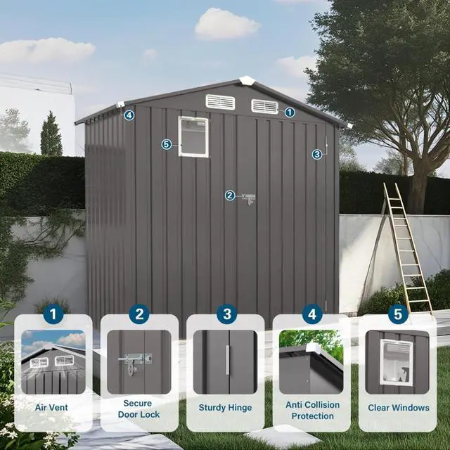 Alt view image 3 of 7 - Outdoor Storage Shed with Windows and Metal Frame for Poolside, Backyard, Lawn, Shed Tool House with Sloping Roof and 2 Vents & 1 Side Open Door for Garden, Balcony (6x3.6FT+Gray)