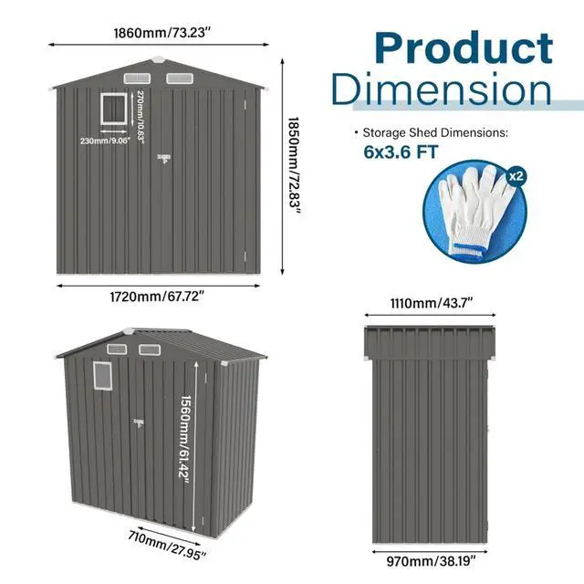 Alt view image 6 of 7 - Outdoor Storage Shed with Windows and Metal Frame for Poolside, Backyard, Lawn, Shed Tool House with Sloping Roof and 2 Vents & 1 Side Open Door for Garden, Balcony (6x3.6FT+Gray)