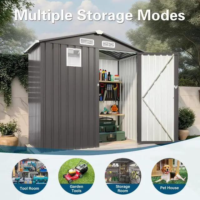 Alt view image 4 of 7 - Outdoor Storage Shed with Windows and Metal Frame for Poolside, Backyard, Lawn, Shed Tool House with Sloping Roof and 2 Vents & 1 Side Open Door for Garden, Balcony (6x3.6FT+Gray)