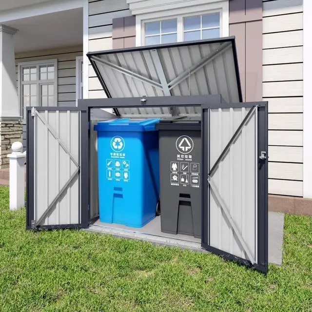 Main image of Outdoor Storage Shed with Windows and Metal Frame for Poolside, Backyard, Lawn, Shed Tool House with Sloping Roof and 2 Vents & 1 Side Open Door for Garden, Balcony (Gray +5 * 3 * 4.5FT)