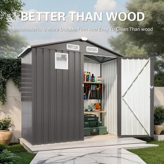 Alt view image 5 of 7 - Outdoor Storage Shed with Windows and Metal Frame for Poolside, Backyard, Lawn, Shed Tool House with Sloping Roof and 2 Vents & 1 Side Open Door for Garden, Balcony (6x3.6FT+Gray)