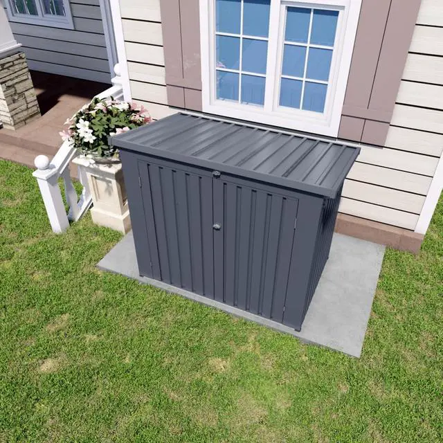 Alt view image 2 of 7 - Outdoor Storage Shed with Windows and Metal Frame for Poolside, Backyard, Lawn, Shed Tool House with Sloping Roof and 2 Vents & 1 Side Open Door for Garden, Balcony (Gray +5 * 3 * 4.5FT)