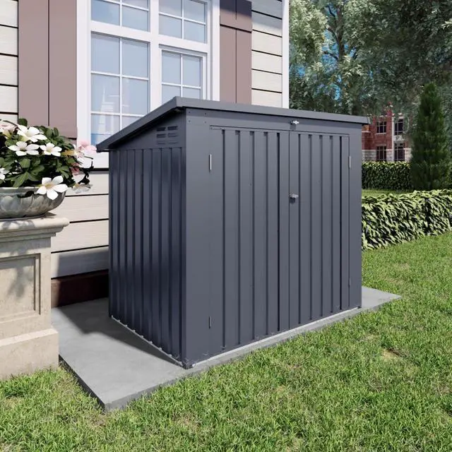 Alt view image 3 of 7 - Outdoor Storage Shed with Windows and Metal Frame for Poolside, Backyard, Lawn, Shed Tool House with Sloping Roof and 2 Vents & 1 Side Open Door for Garden, Balcony (Gray +5 * 3 * 4.5FT)