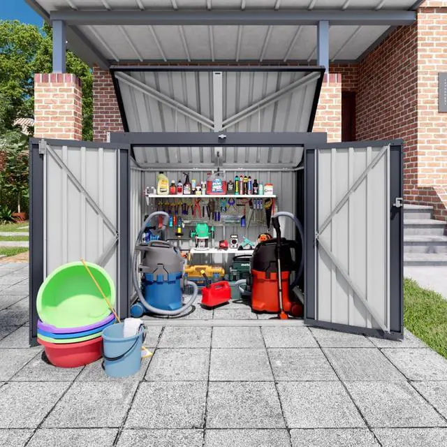 Alt view image 4 of 7 - Outdoor Storage Shed with Windows and Metal Frame for Poolside, Backyard, Lawn, Shed Tool House with Sloping Roof and 2 Vents & 1 Side Open Door for Garden, Balcony (Gray +5 * 3 * 4.5FT)