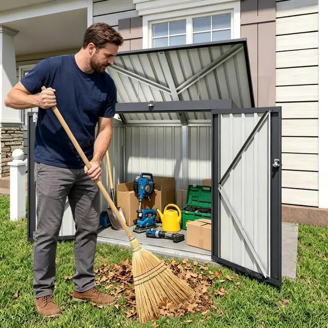 Alt view image 5 of 7 - Outdoor Storage Shed with Windows and Metal Frame for Poolside, Backyard, Lawn, Shed Tool House with Sloping Roof and 2 Vents & 1 Side Open Door for Garden, Balcony (Gray +5 * 3 * 4.5FT)