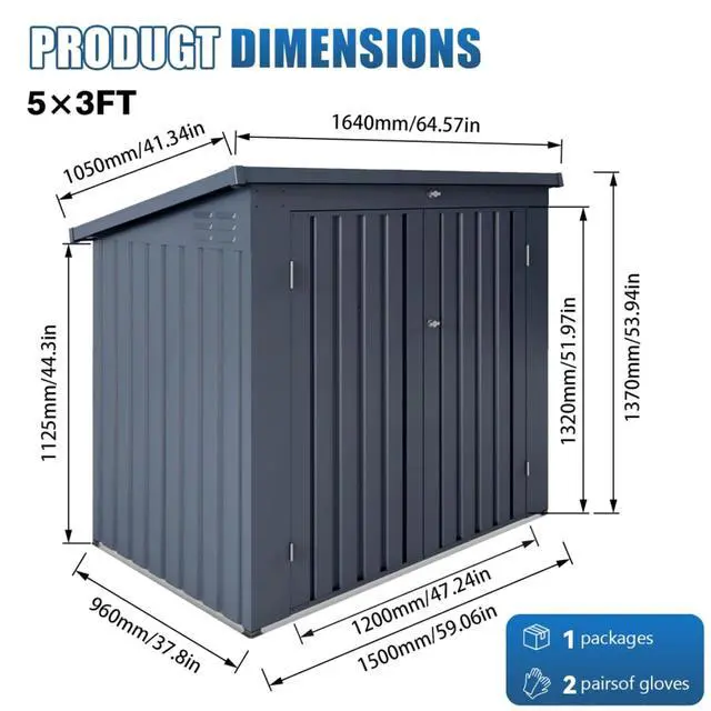 Alt view image 7 of 7 - Outdoor Storage Shed with Windows and Metal Frame for Poolside, Backyard, Lawn, Shed Tool House with Sloping Roof and 2 Vents & 1 Side Open Door for Garden, Balcony (Gray +5 * 3 * 4.5FT)
