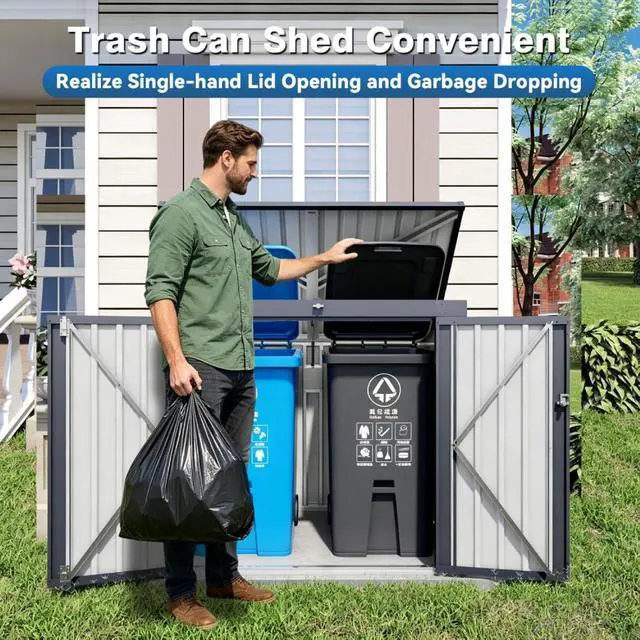 Alt view image 6 of 7 - Outdoor Storage Shed with Windows and Metal Frame for Poolside, Backyard, Lawn, Shed Tool House with Sloping Roof and 2 Vents & 1 Side Open Door for Garden, Balcony (Gray +5 * 3 * 4.5FT)