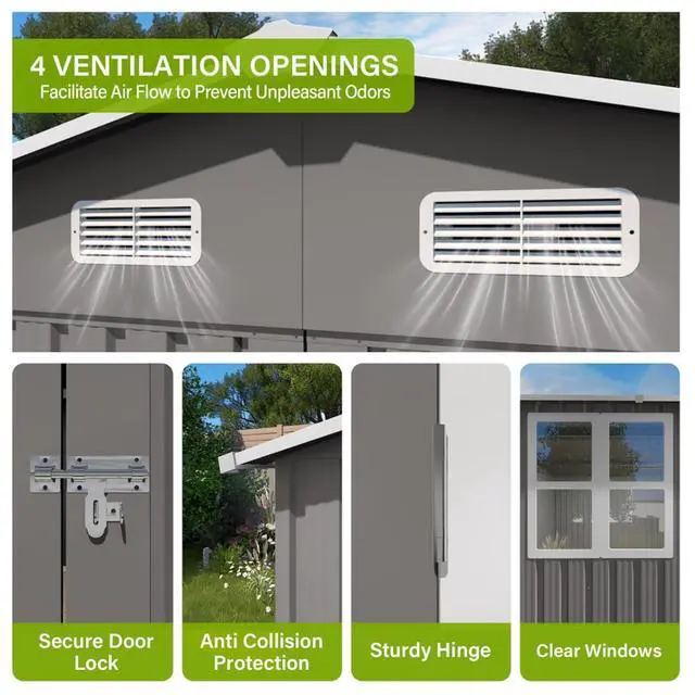 Alt view image 3 of 7 - Outdoor Storage Shed with Windows and Metal Frame for Poolside, Backyard, Lawn, Shed Tool House with Sloping Roof and 2 Vents & 1 Side Open Door for Garden, Balcony (10x14FT)
