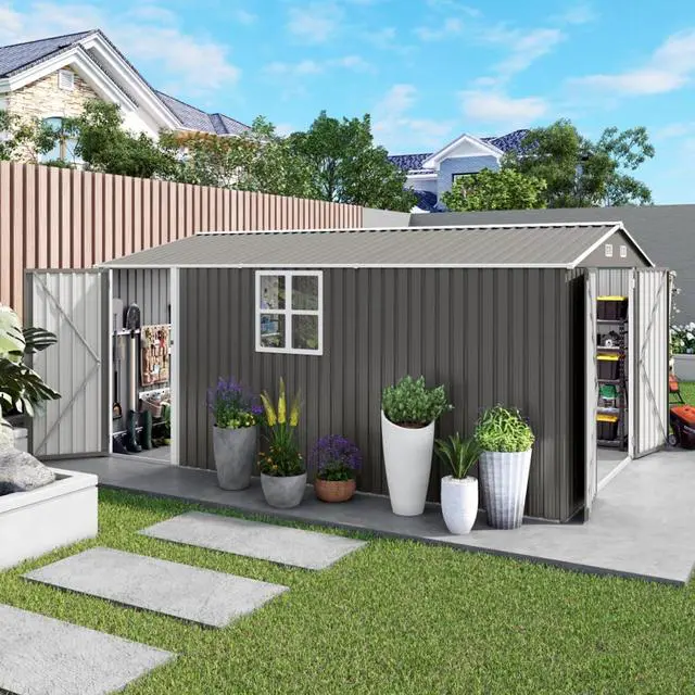 Main image of Outdoor Storage Shed with Windows and Metal Frame for Poolside, Backyard, Lawn, Shed Tool House with Sloping Roof and 2 Vents & 1 Side Open Door for Garden, Balcony (10x14FT)