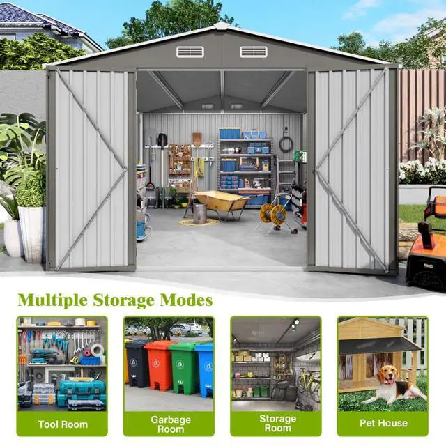 Alt view image 4 of 7 - Outdoor Storage Shed with Windows and Metal Frame for Poolside, Backyard, Lawn, Shed Tool House with Sloping Roof and 2 Vents & 1 Side Open Door for Garden, Balcony (10x14FT)