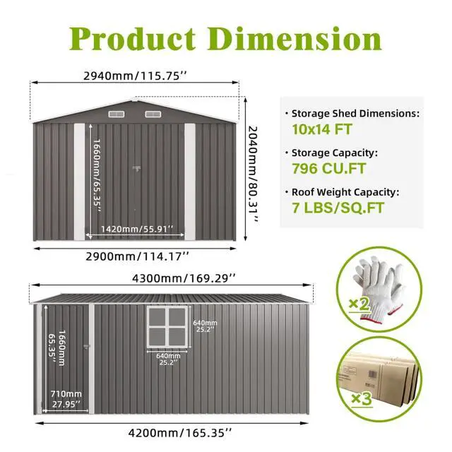 Alt view image 5 of 7 - Outdoor Storage Shed with Windows and Metal Frame for Poolside, Backyard, Lawn, Shed Tool House with Sloping Roof and 2 Vents & 1 Side Open Door for Garden, Balcony (10x14FT)