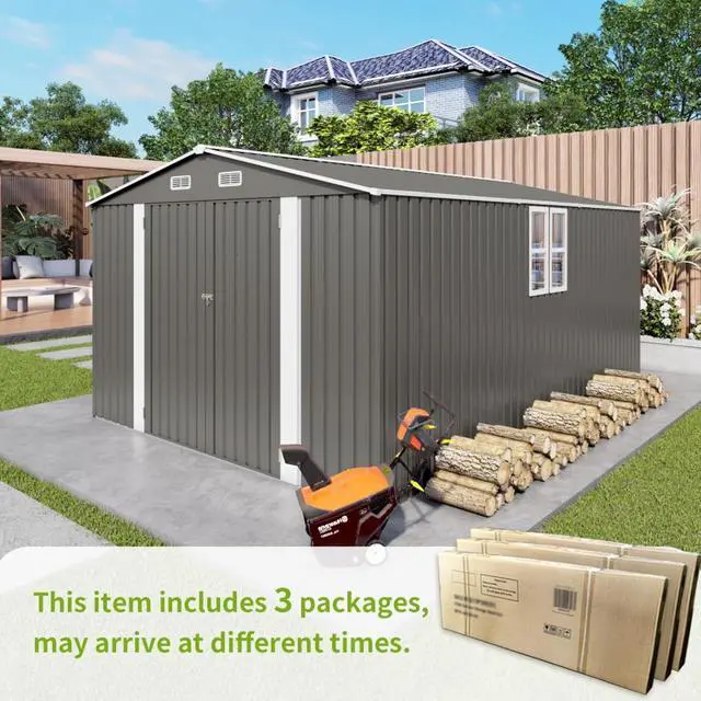 Alt view image 6 of 7 - Outdoor Storage Shed with Windows and Metal Frame for Poolside, Backyard, Lawn, Shed Tool House with Sloping Roof and 2 Vents & 1 Side Open Door for Garden, Balcony (10x14FT)