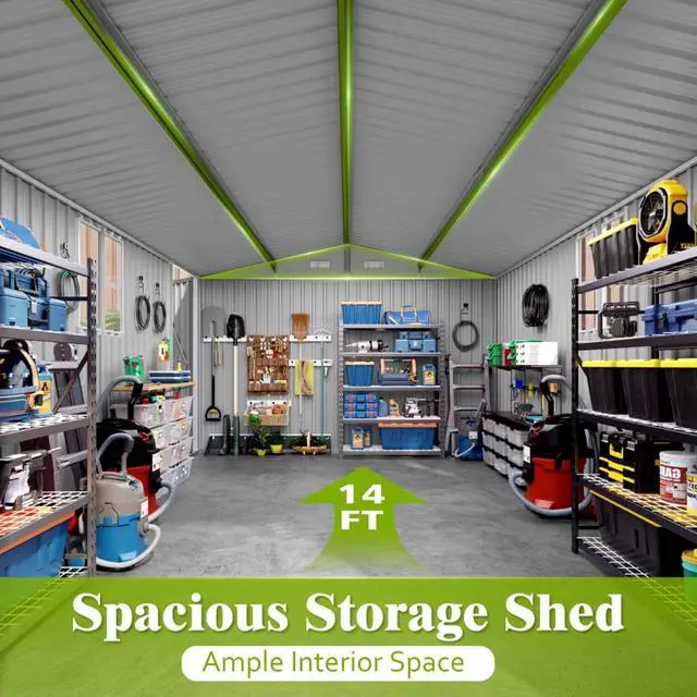 Alt view image 7 of 7 - Outdoor Storage Shed with Windows and Metal Frame for Poolside, Backyard, Lawn, Shed Tool House with Sloping Roof and 2 Vents & 1 Side Open Door for Garden, Balcony (10x14FT)