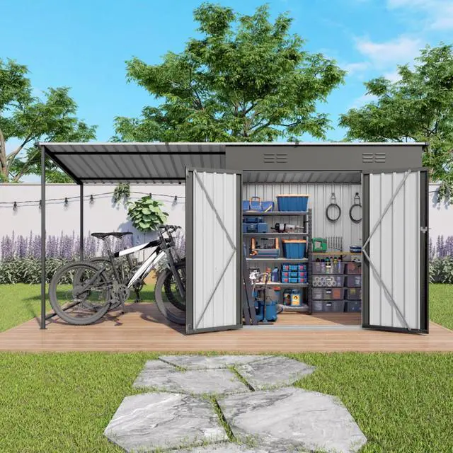 Alt view image 2 of 7 - Outdoor Storage Shed with Windows and Metal Frame for Poolside, Backyard, Lawn, Shed Tool House with Sloping Roof and 2 Vents & 1 Side Open Door for Garden, Balcony (Gray + 4 * 12FT)