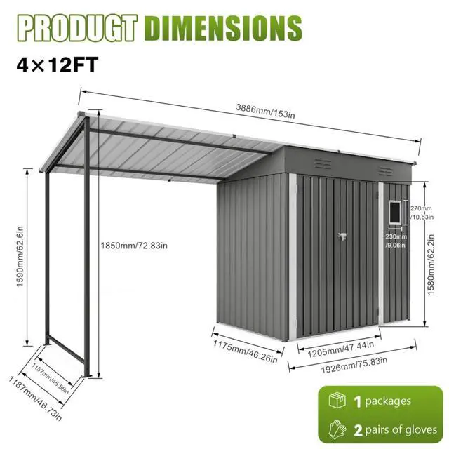 Alt view image 5 of 7 - Outdoor Storage Shed with Windows and Metal Frame for Poolside, Backyard, Lawn, Shed Tool House with Sloping Roof and 2 Vents & 1 Side Open Door for Garden, Balcony (Gray + 4 * 12FT)