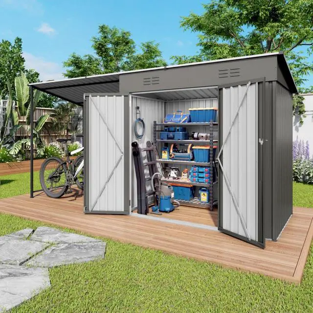 Alt view image 4 of 7 - Outdoor Storage Shed with Windows and Metal Frame for Poolside, Backyard, Lawn, Shed Tool House with Sloping Roof and 2 Vents & 1 Side Open Door for Garden, Balcony (Gray + 4 * 12FT)